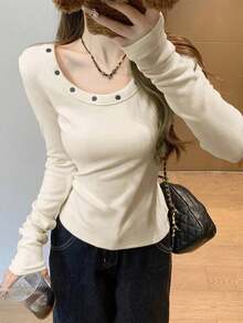 Spring Korean Style Low Round Neck Rivet Elegant Slimming Design Long Sleeve Base Layer T-Shirt Top - Apricot - View 2