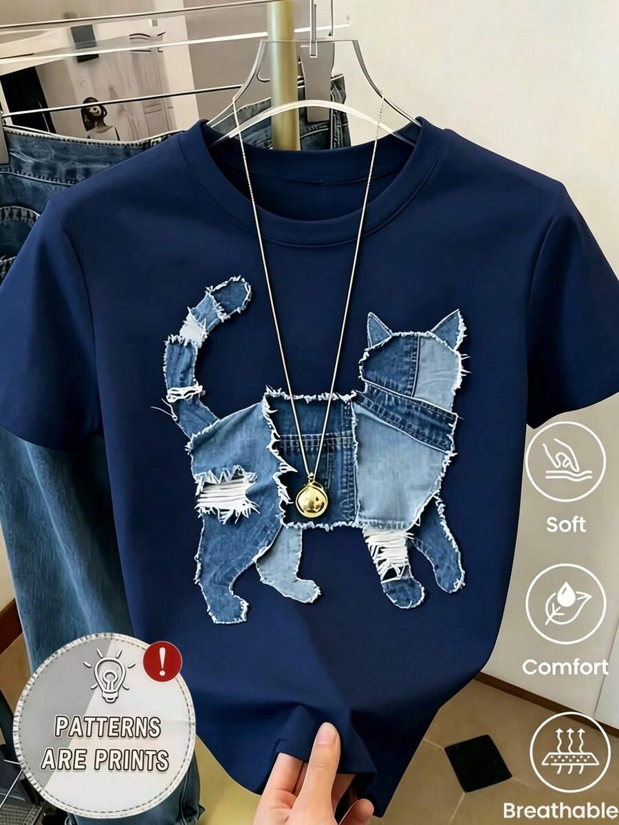 Weighing 180g, Made In Mexico. New Short-Sleeved T-Shirt For Couples, Spring/Summer Style, With A Print, Unisex Design, Ideal For Both Work And Casual Occasions. - 藏蓝色 - 查看 1