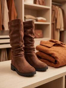 1 Pair 2026 Girls' Round Toe Mid-Calf Stacked Chunky Heel Boots, Casual Autumn/Winter Daily School Outfit - Brown - View 4