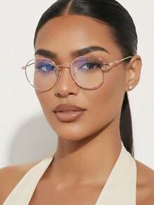 1 pieza Gafas decorativas sin graduación para mujer, de metal, minimalistas, sexys, multicolor, vintage, elegantes, redondas, de moda, juveniles, versátiles, para uso diario, ir al trabajo, lectura, vuelta al colegio, fotografía callejera, citas, uso de ordenador y teléfono, etc. - Dorado - Ver 1