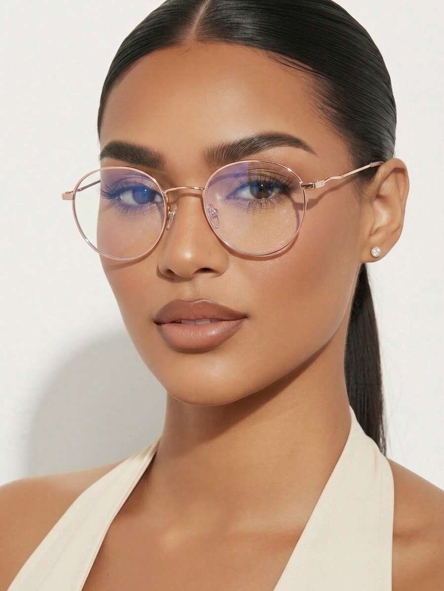 1 pieza Gafas decorativas sin graduación para mujer, de metal, minimalistas, sexys, multicolor, vintage, elegantes, redondas, de moda, juveniles, versátiles, para uso diario, ir al trabajo, lectura, vuelta al colegio, fotografía callejera, citas, uso de ordenador y teléfono, etc. - Dorado - Ver 1