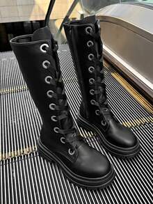Women's Casual Fashion Boots, Black Knee-High, Non-Slip Low Heel Wide Shaft, Suitable For Daily Outdoor Activities, Autumn/Winter - Black - View 13