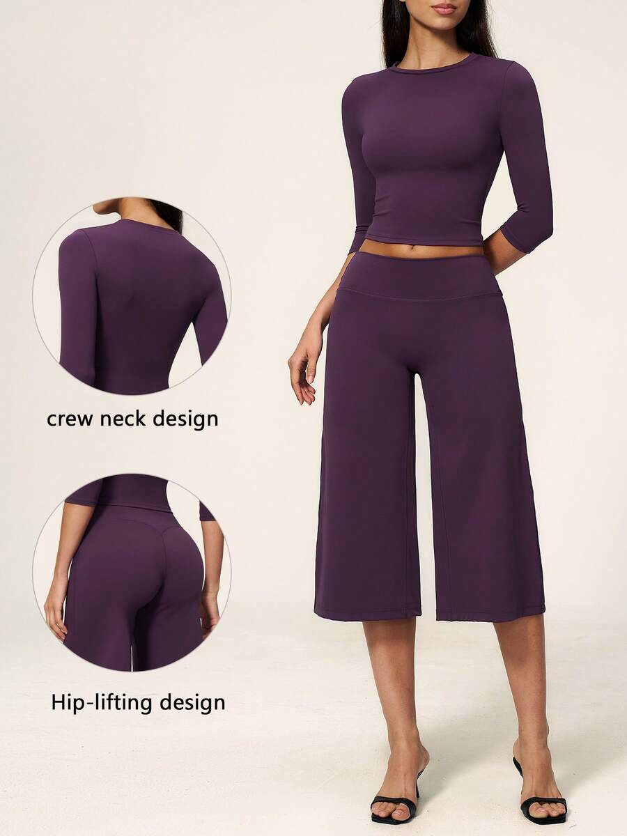 TimeOff Women's One Set Solid Color Crew Neck Short Sleeve Wide Leg Pants Sports Suit - Purple - View 1