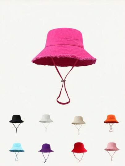 1pc Women's Drawstring Frayed Edge Bucket Hat, Soft Fabric, Windproof & Sun Protection, Outdoor Fashion Elegant, Christmas Gift