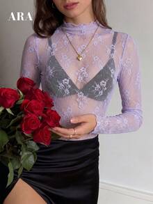 ARA CHIC 女款丁香紫性感蕾絲長袖上衣，時尚立領透視花卉圖案優雅層次感T恤，適合度假與約會 - 淡紫色 - 查看 3