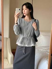 YCYC 韓式休閒通勤女款襯衫上衣 - 霧霾藍 - 查看 4