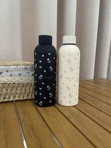 500ml/16.9oz 不鏽鋼迷你花卉圖案馬克杯，便攜保溫水壺附橡膠塗層，適合居家與戶外運動，完美的返校季禮物送給家人與朋友 - 黑小花 - 查看 6