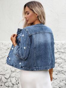 Women's Plus Size Beaded Denim Jacket, Short Casual Spring/Autumn Top - Blue - View 2