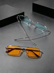 2 Pairs Unisex Thin Silver Metal Fashion Glasses Set, Hexagon Gradient Lenses + Double Bridge Rectangular Solid Color Lenses, Alloy Metal Frame, Retro Minimalist Gentleman Style Glasses, Suitable For Spring/Summer Daily Commute, Driving And Travel - 2111 Silver Gradient Green + 345 Silver Orange - View 3