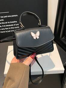 Butterfly Decor V-Shaped Quilted Mini Handbag, Elegant Solid Color PU Crossbody Bag With Handle, Women's Sweet Style Small Square Shoulder Bag, Suitable For Daily Use, Vacation Travel - Black - View 1