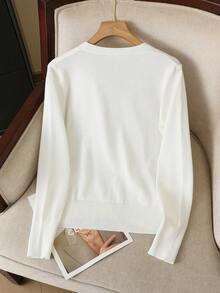 Cardigan de Tricô com Decote em V Feminino, Suéter Básico Casual de Manga Longa Fino para Primavera/Outono, Estilo Fashion Branco Outono - Branco - Visão 7