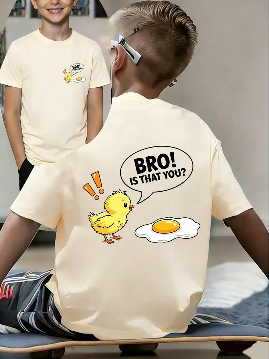 Camiseta de manga corta con cuello redondo y estampado divertido casual para niño preadolescente, top de verano - Albaricoque - Ver 1