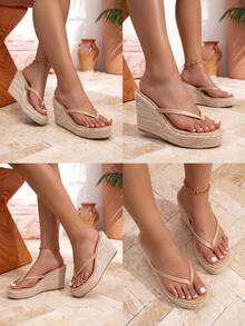 Damen-Zehentrenner-Sandalen mit runder Zehenpartie, weiß, lässig für den Alltag, sexy und vielseitig, Slip-On mit Seil-Keilabsatz, dicker Sohle, für Outdoor und Strand, elegante High-Heel-Schuhe - Aprikosenfarben - Übersicht 8