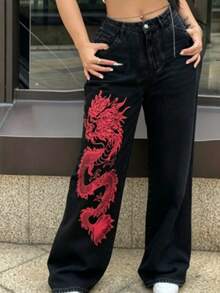 High-Waisted Straight-Leg Jeans, Stone-Washed Black Fabric, Loose & Comfortable Design Elongating Legs, Blending Street & Fashion Culture - Black - View 4