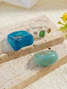 3 piezas/Set Anillos de moda elegantes minimalistas con incrustaciones de strass de colores frescos, adecuados para el uso diario y fiestas de mujeres - Multicolor - Ver 4