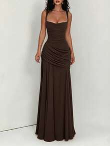 DOUCIU Vintage French Style Pleated Sheer Patchwork Slip Dress, Elegant For Party, Birthday Events - Coffee - View 5