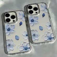 1pc Metal Transparent Personalized Oil Painting 3D Blue Flower Pattern Phone Case Compatible With IPhone 16 Pro Max/17/16/15/14 Plus/13/12/11 Air Protective Shell - Multicolor - View 3