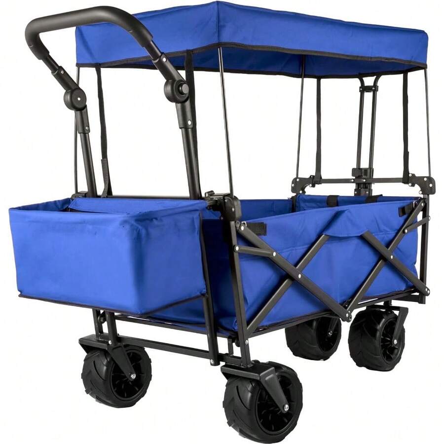 Happbuy Collapsible Wagon With Removable Canopy, 220lbs Heavy Duty Foldable Beach Wagon With Big Wheels - Blue - View 1