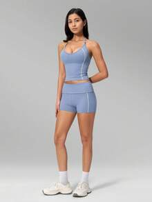 MFVIM Women's New Fashion Yoga Outfit Set, Halter V-Neck Waist-Flattering Slimming Contrast Color Sports Set, Versatile Soft Skin-Friendly Fabric Casual Running Tight Yoga Workout Clothes, Suitable For Daily Commute, Outdoor, Sports, Travel, City Stroll And Various Occasions - Aqua Blue - View 9