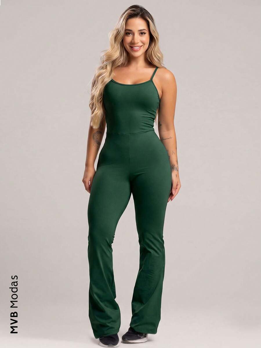 Fitness Jumpsuit With Flare Leg And Adjustable Straps, Polyamide, MVB Modas - 軍綠色 - 查看 1
