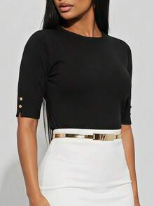 Women's Crew Neck Snap Button Sleeve Knit Top Casual Half Sleeve Sweater Blouse - Black - View 5