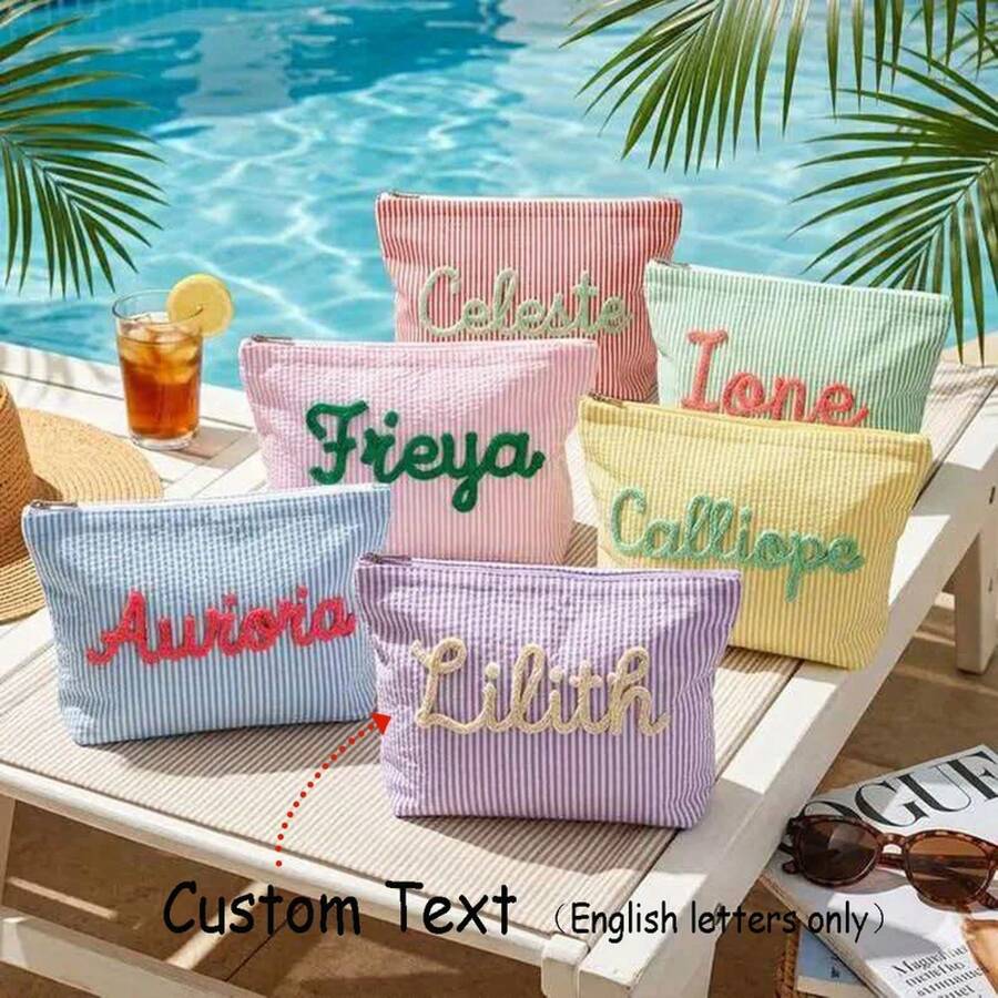 Custom Seersucker Makeup Bag & Travel Pouch - Personalized Chenille Name Toiletry Bag & Summer Beach Tote - 23red Color - View 1