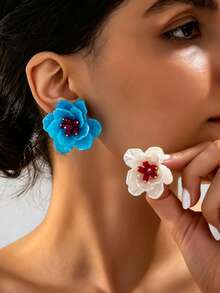 1 Pair/2 Pairs Begonia Flower Earrings, Niche Design, Gentle Blue And White Multi-Layer Petal Ear Studs - Braided Earrings - View 3
