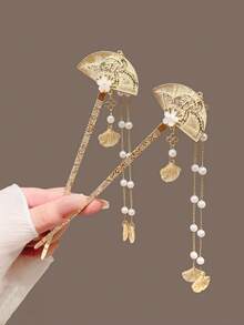 1/2pcs Women's New Rocking Fan Pearl Tassel Hair Clip Round Disc Hair Accessory - Multicolor - View 7