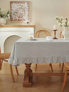 1pc Japanese Style Fresh Solid Color Woven Coffee Strip Lotus Edge Square Tablecloth, Suitable For Small Garden, Natural Atmosphere, Outdoor Coffee Shop, Kitchen Bedroom All Season Dining Table Decor Fabric - Yarn-dyed Brown Striped Ruffles - View 3