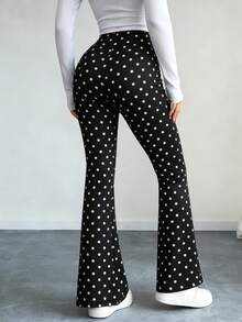 Women's High Waist Sports Flared Pants, Tummy Control Black & White Polka Dot Print Elastic Long Pants Fall - Black and White - View 2