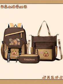 3-Piece Capybara Backpack Set, Includes Tote Bag And Pencil Case, Durable Nylon Material, Multi-Pocket Design, Tablet Compartment, Suitable For Back To School - Multicolor - View 6
