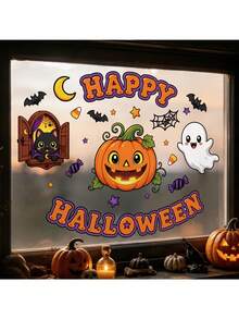 1PC Cute Cartoon Pumpkin Ghost Black Cat Static Window Sticker Happy Halloween Bat Spider Web Moon Candy Star Double-Sided Printed PVC Static Sticker No Glue Glass Decal Removable Reusable Home Store Window Door Halloween Party Holiday Decoration - Cartoon Pumpkin Ghost Black Cat - View 2