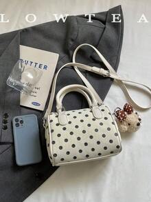 Low Tea 1pc Polka Dot PU Fabric Handbag, Women's Vintage Fashion Bowling Bag, Top Double Handle Design, Zipper Closure, Shoulder Strap For Shoulder, Crossbody, Hand Carry, Suitable For Commuting, Outdoor, Travel, Outing (With Pendant) - Black and White - View 4