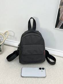 1 pieza Mochila escolar de poliéster a cuadros con cierre de cremallera para niñas, adecuada para uso diario escolar en primavera/verano - Blanco y Negro - Ver 3