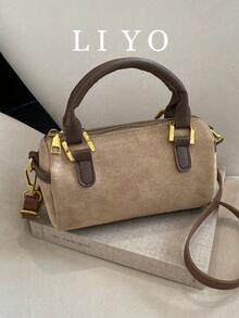 Premium Stylish Handbag For Women, New Versatile Round Zipper Shoulder Messenger , Suede PU Leather Boston , Perfectly Matching With Fall Outfits - Khaki - View 2