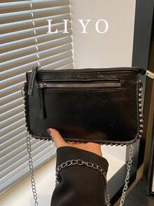 Sobre de mano, bolso de moda, bolso de mujer de patente plateada, bolso de cadena para el hombro/bandolera, pequeña cartera cuadrada con cremallera - Negro - Ver 2