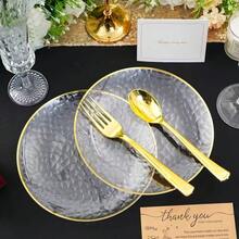 50pcs/Transparent Gold Rim Round Hammered Texture Plates.Large Plate 10.25 Inch.Small Plate 7.5 Inch,Reusable And Easy To Clean Cute Tableware.Perfect For Weddings And Birthday Parties,Family Gatherings,Outdoor Team Building,General Use,School,Back To School Supplies,School Parties - Transparent - View 1