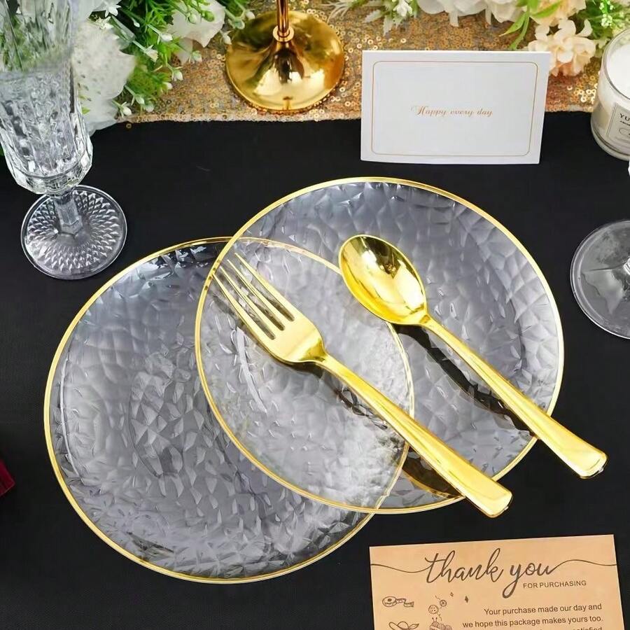 50pcs/Transparent Gold Rim Round Hammered Texture Plates.Large Plate 10.25 Inch.Small Plate 7.5 Inch,Reusable And Easy To Clean Cute Tableware.Perfect For Weddings And Birthday Parties,Family Gatherings,Outdoor Team Building,General Use,School,Back To School Supplies,School Parties - Transparent - View 1