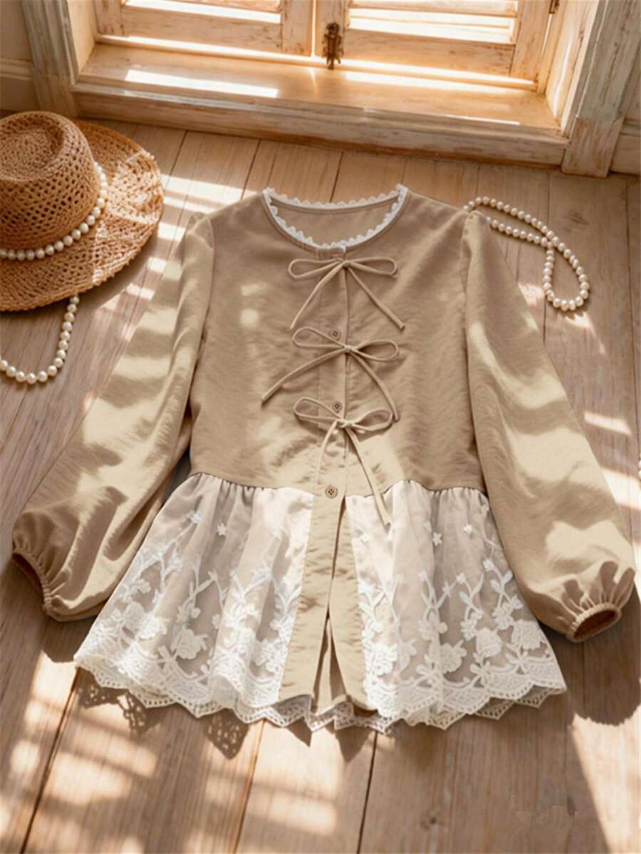 女款春夏/秋冬優雅浪漫休閒甜美蝴蝶結圓領3/4袖高腰刺繡拼接襯衫,通勤、約會、派對、假日、度假、日常出遊百搭上衣,秋季上衣 - 摩卡棕 - 查看 1
