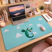 Cute Cartoon Green Dragon & White Cloud Large Vanity Pad, Light Blue Sky Background Print Non-Slip Rubber Extended Mouse Pad, Waterproof Long Keyboard Mat, Suitable For Makeup Desk & Office Desktop Decoration - View 3