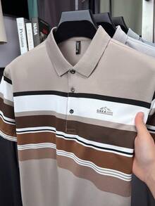 男士短袖條紋休閒 Polo 衫，適合高爾夫球與網球運動 - 摩卡棕 - 查看 5