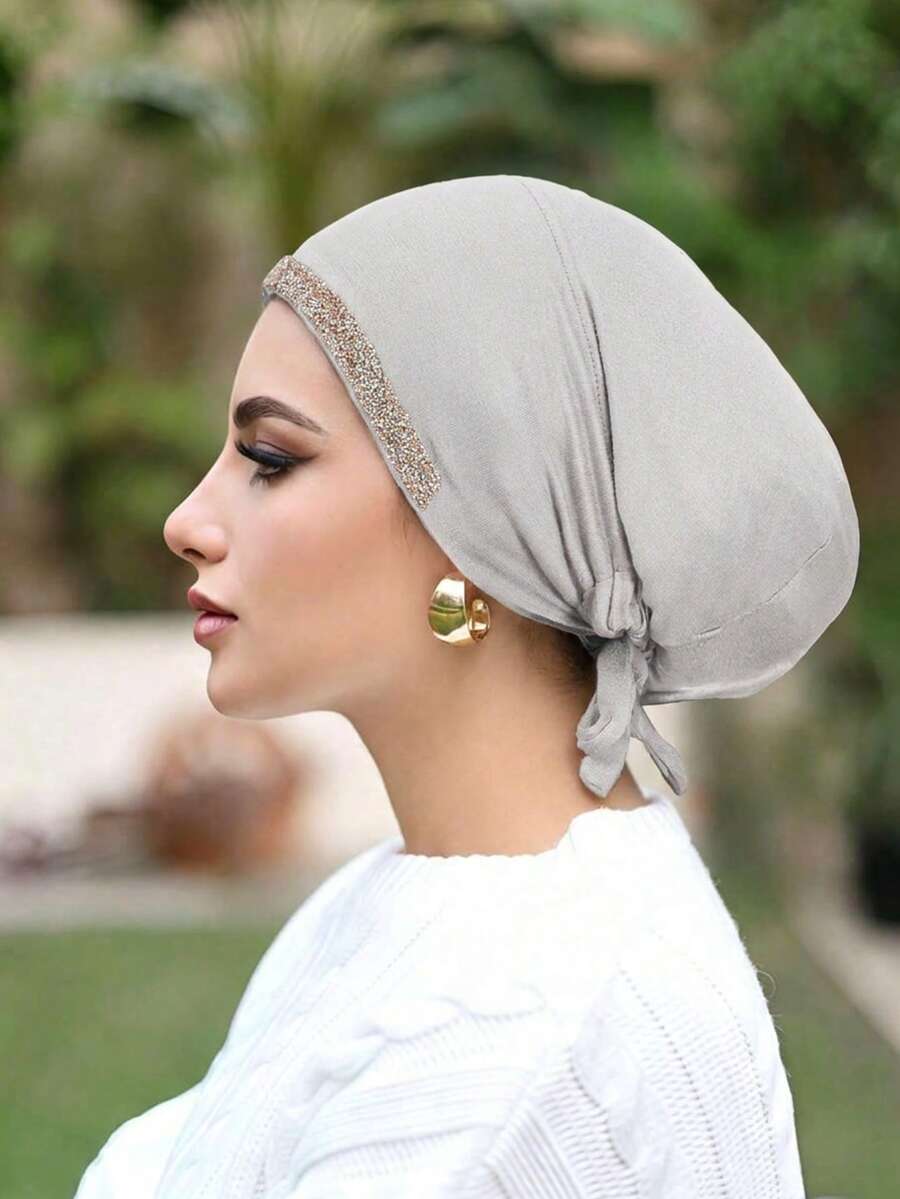 1 pieza Gorro de lazo musulmán de unicolor con pedrería para mujer, pañuelo versátil para envolver la cabeza, adecuado para uso diario