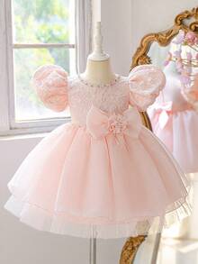 Young Girls Puff Sleeve Faux Pearl Rhinestone Sequin Embroidered 3D Flower Satin Starry Tulle Flower Girl Dress, Headband Not Included - Baby Pink - View 4