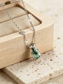 Green Natural Moss Agate Pendant Necklace, 925 Silver Adjustable Chain Decoration - Green - View 5