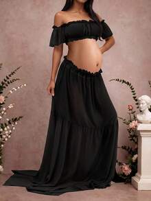 Maternity Strapless Ruffle Hem Dress, Chiffon Moderate Stretch Ruffle Detail Front Slit Ruffle Hem Maternity Photography Baby Shower Party Dress Black - Black - View 6