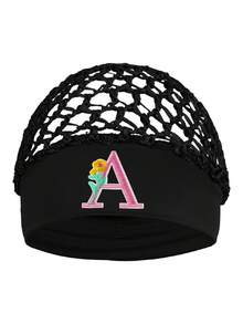 女款花卉刺繡字母網紗帽－個性化字母首字母彈性寬邊髮帽，鉤編鏤空夜間睡眠帽 - 黑色 - 查看 20