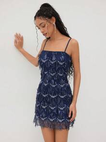 Glam Sequin Fringe Cami Mini Dress Women Bodycon Party Stage Performance Dress - 藍色 - 查看 3