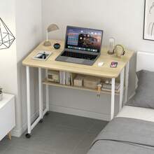 Folding Table With Wheels - Home Office Desk - 80x58x75cm - Folding Computer Desk With Bookshelf - Portable Mobile Workstation - Suitable For Small Spaces - Mustard Yellow - View 3