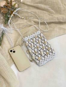 Spring New Women's Beaded Phone Bag, Highly Attractive Minimalist Woven Crossbody Bag For Vacation - White - View 7