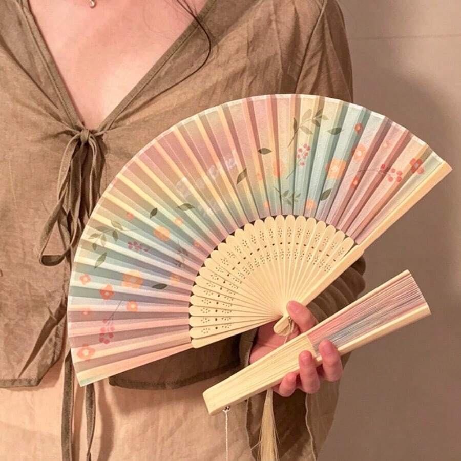 1pc Foldable Handheld Fan Macaron Gradient Floral Print Bamboo Ribs With Tassel Lightweight Folding Fan Suitable For Summer Wedding Party Decorative Handheld Fan - Multicolor - View 1